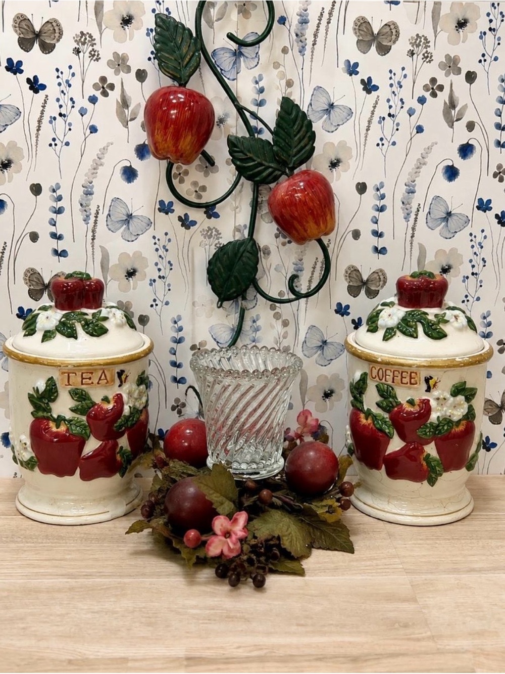 Apple Kitchen Decor Bundle Tea Coffee Canisters Wall Decor Garland